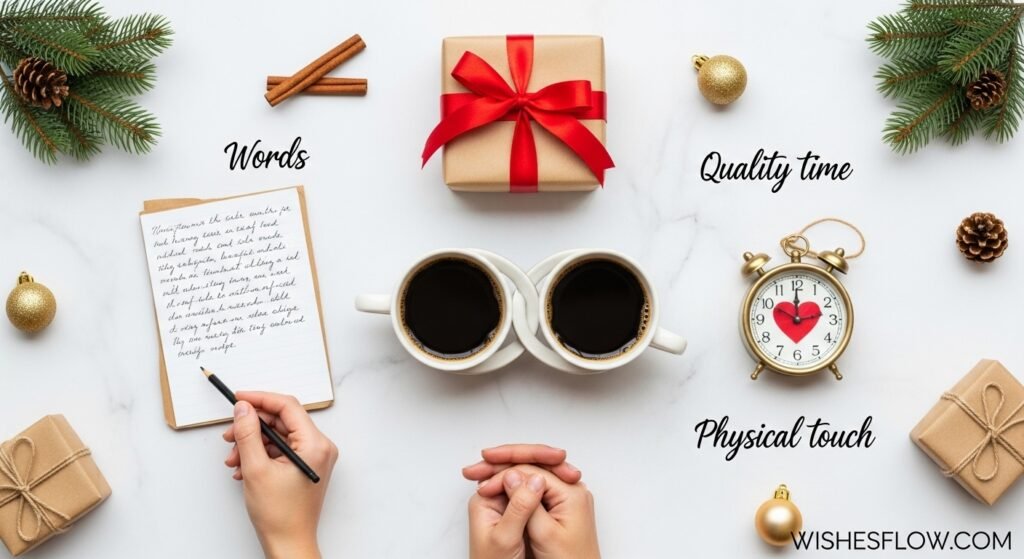 Flat lay showing five love languages represented through Christmas-themed objects for writing personalized husband wishes