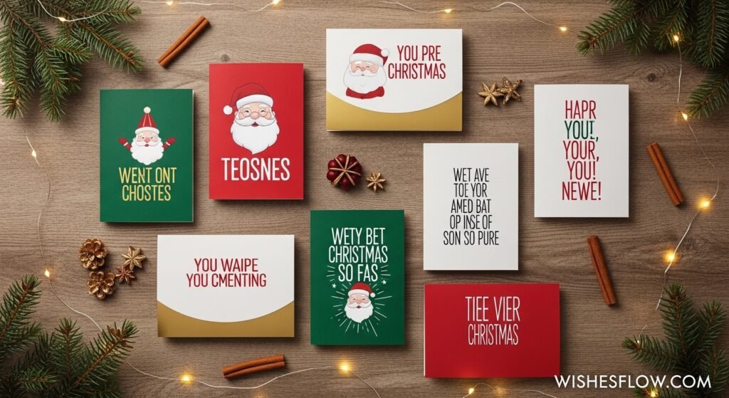 Flat lay arrangement of nine different funny Christmas greeting cards with festive decorations