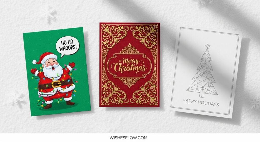Three different types of Christmas cards: funny, sentimental, and modern