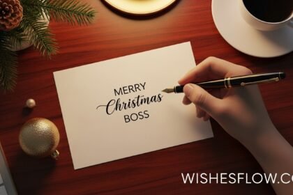 A hand writing a professional Christmas card for a boss on a wooden desk with festive decorations.