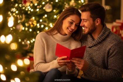 A happy couple reading a Christmas card together in front of a lit Christmas tree.
