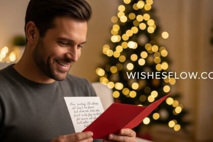 A handsome husband smiling while reading a heartfelt Christmas card from his wife in 2026.