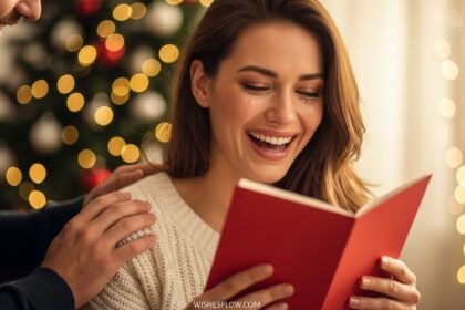 A husband giving a romantic Christmas card to his happy wife in front of a tree