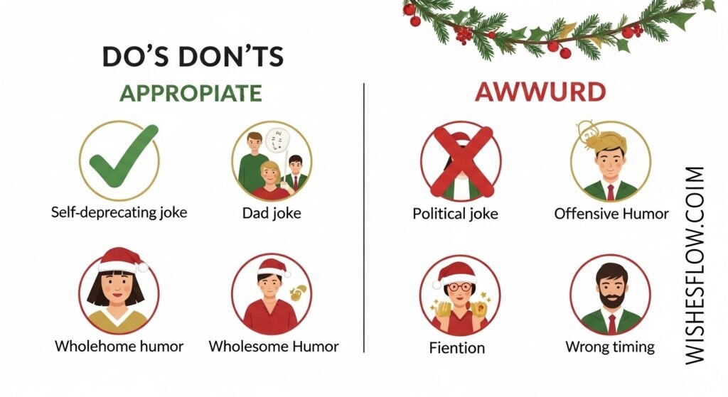 Infographic showing appropriate and inappropriate humor for Christmas cards with checkmarks and X marks