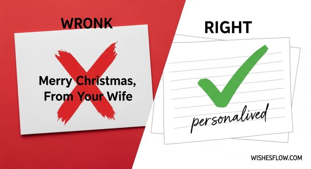Comparison showing generic versus personalized Christmas card messages with X and checkmark symbols
