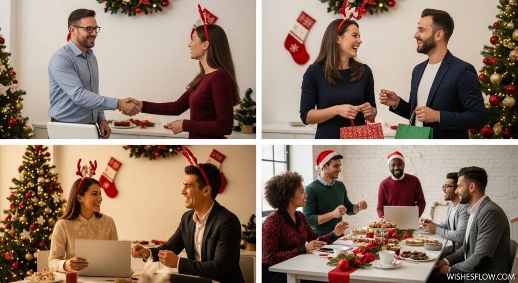 Office Christmas party showing boss with employee, work friends, and team members celebrating together with decorations and gifts