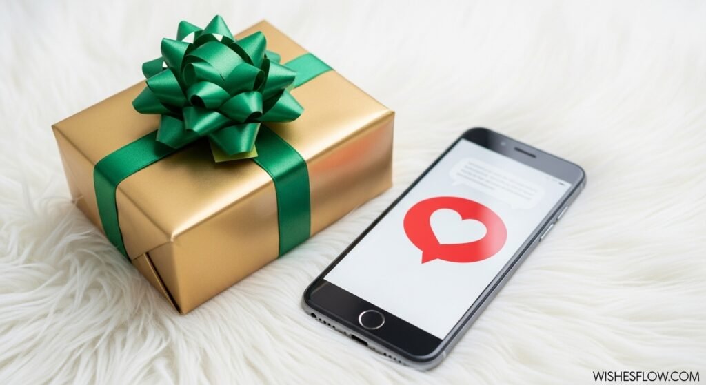 A beautifully wrapped gift box next to a smartphone displaying a heart