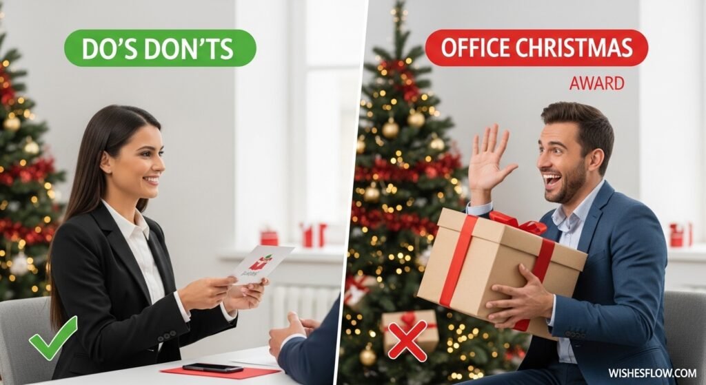 Split image showing proper and improper ways to give Christmas wishes to coworkers in office setting