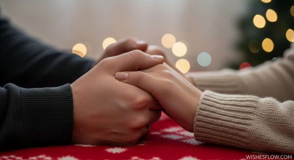 Husband holding wife's hand near christmas lights