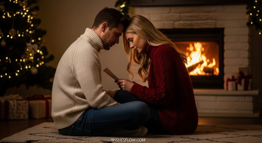Romantic couple sitting by a fireplace reading a Christmas letter
