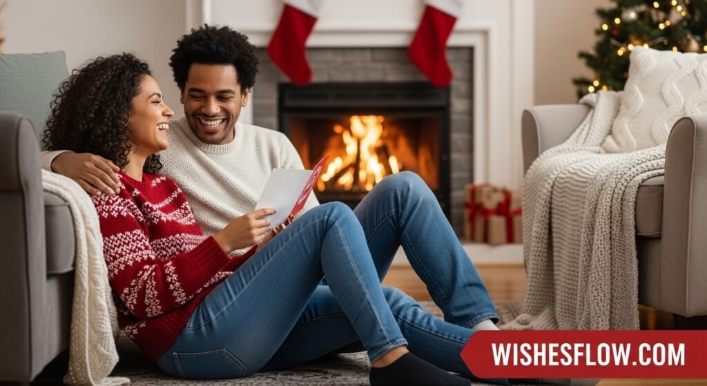 A happy couple laughing while reading Christmas wishes by the fireplace.