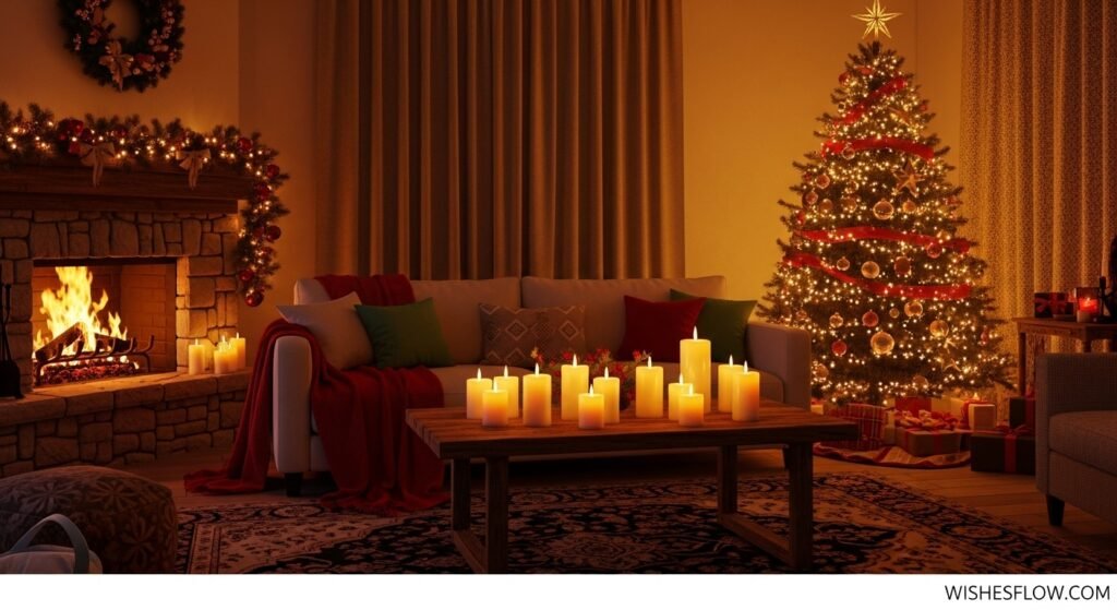 Relaxing Christmas living room scene with candles and holiday decor.