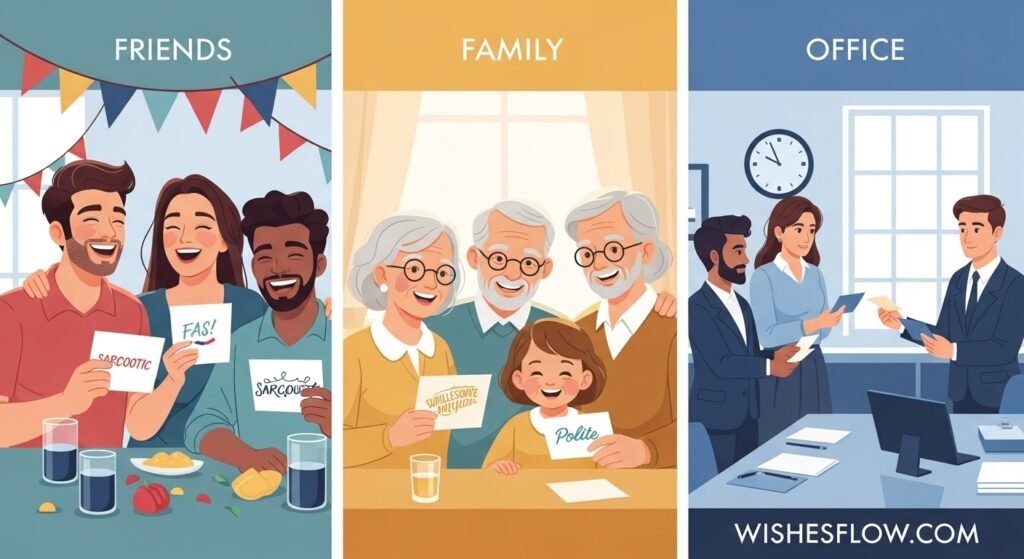 Split illustration showing funny Christmas card reactions from friends, family, and coworkers in different settings