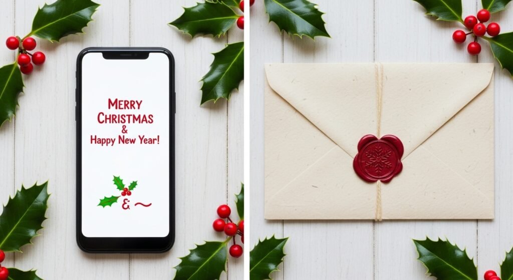 Smartphone showing christmas text next to a paper card