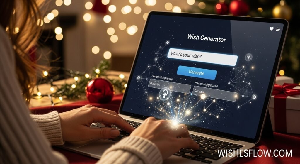 Woman using laptop to access free Christmas wish generator tool for creating personalized husband messages