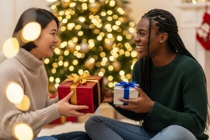 Two friends laughing and exchanging gifts in a cozy room