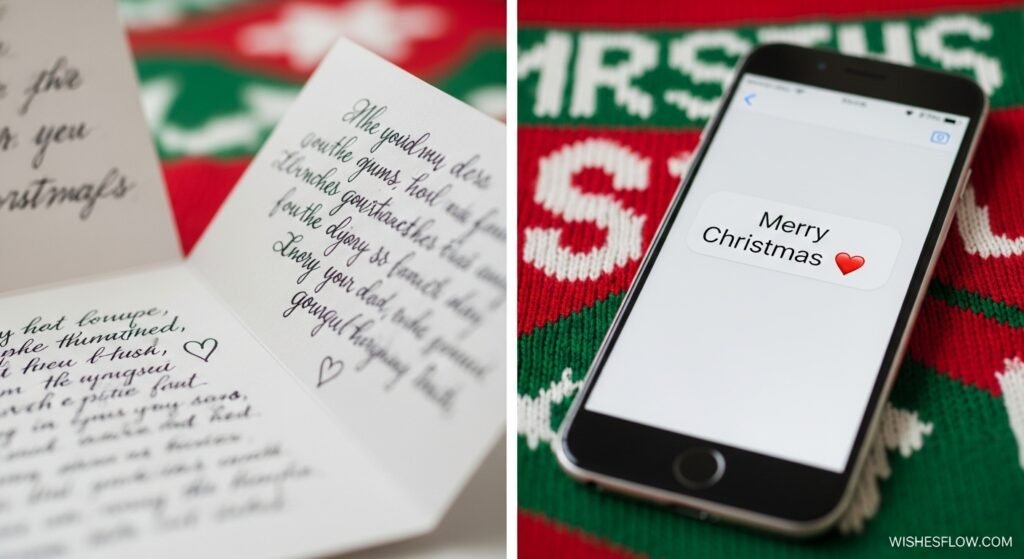 Comparison of a handwritten letter and a digital text message on a phone