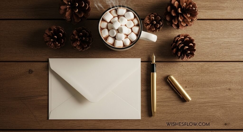 Aesthetic flat lay of a desk with a blank Christmas card, pen, and hot cocoa.