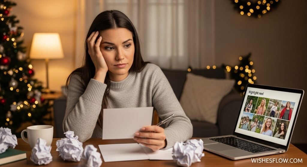 Woman experiencing writer's block while trying to write Christmas card for husband with crumpled papers around desk