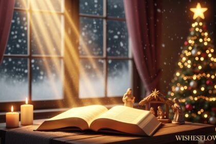 Open Bible with golden light, Christmas tree, and nativity scene for religious Christmas messages inspiration