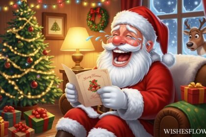 Santa Claus laughing while reading a funny Christmas greeting card with decorated tree and presents in background