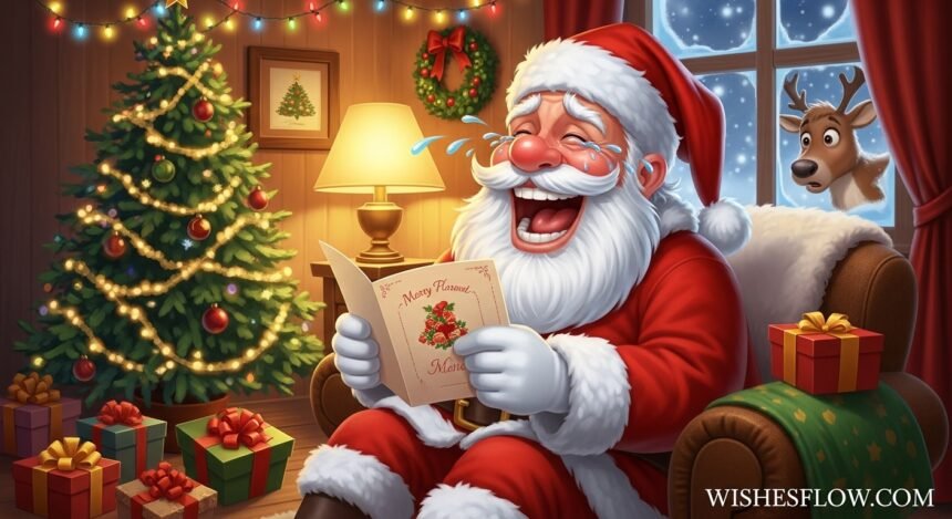 Santa Claus laughing while reading a funny Christmas greeting card with decorated tree and presents in background