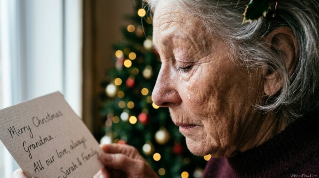 Grandmother in profile reading Christmas card with tear on lashes and holly in silver hair