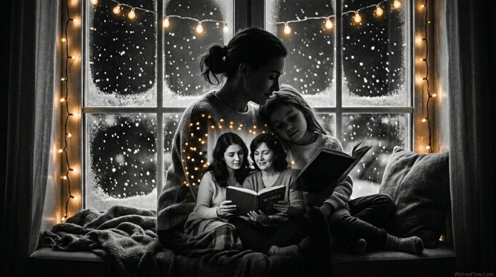 Double exposure fine art photo of mother and child reading at Christmas window overlapping with past generation
