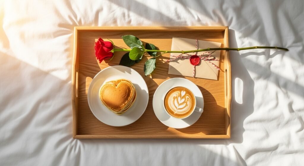 Christmas breakfast in bed tray with a red rose and a love letter.