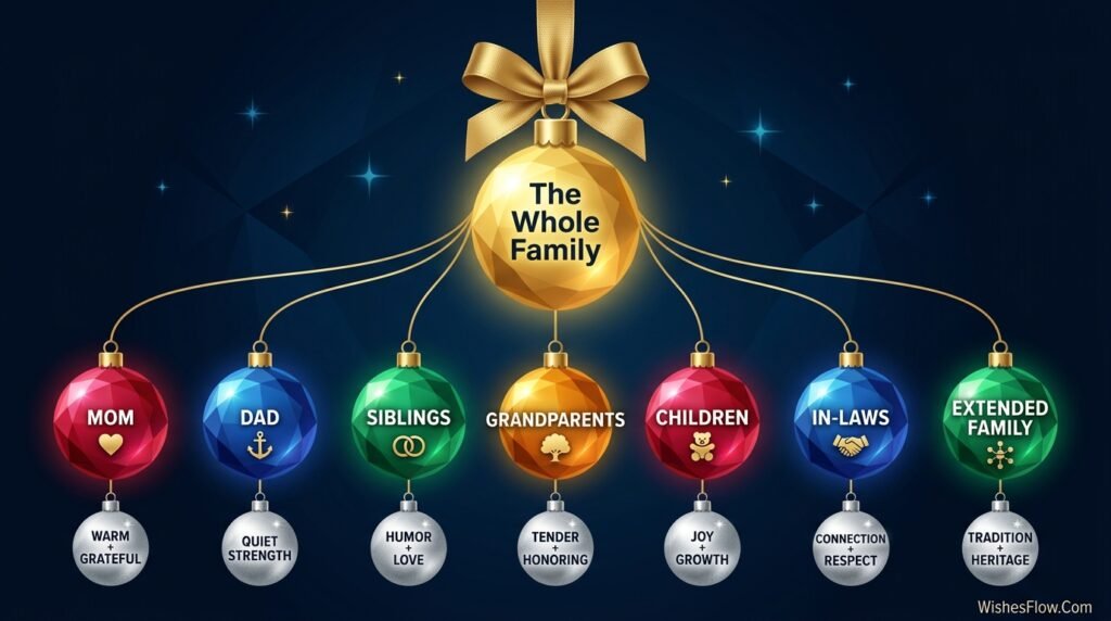 Christmas ornament family tree infographic showing which wishes match which family relationship and tone