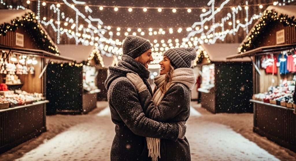 A happy couple hugging and laughing while holding a Christmas gift outdoors in the snow.
