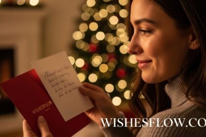 A beautiful woman smiling emotionally while reading a Christmas card from her boyfriend with a Christmas tree in the background.