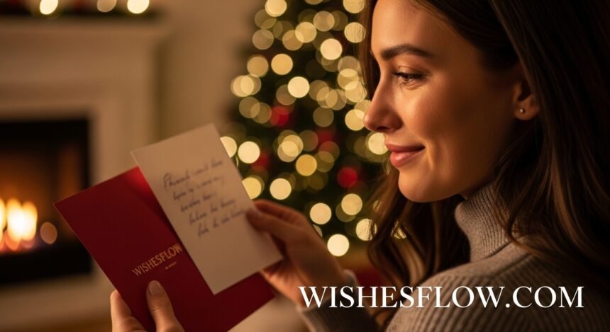 A beautiful woman smiling emotionally while reading a Christmas card from her boyfriend with a Christmas tree in the background.