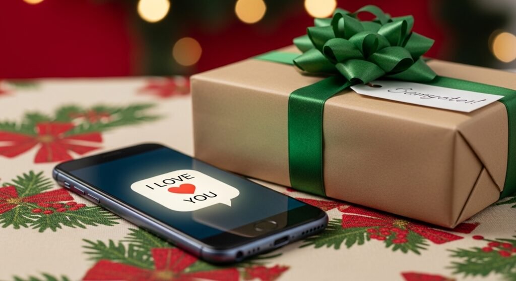 A smartphone displaying a heart notification next to a wrapped Christmas gift.