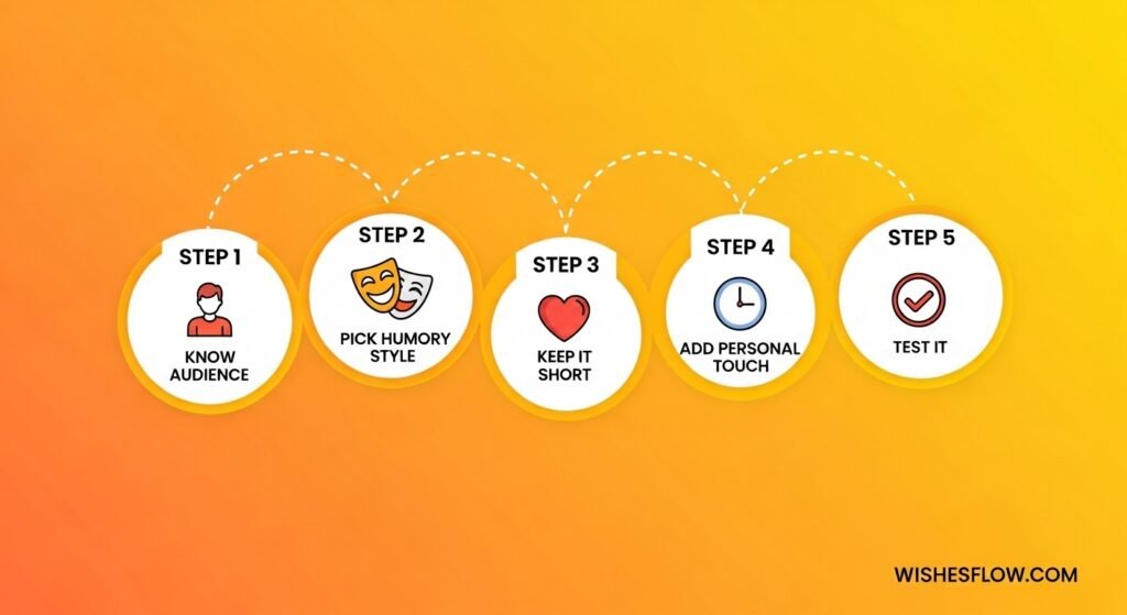 Step-by-step infographic guide showing how to write funny birthday wishes that make people laugh