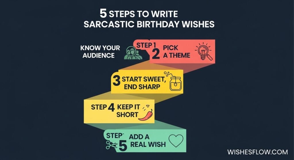 Infographic showing five steps to write funny sarcastic birthday wishes including know your audience pick a theme start sweet end sharp keep it short and add a real wish
