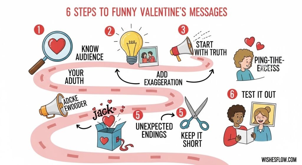 Infographic showing step-by-step guide to creating funny Valentine's Day wishes - WishesFlow.com