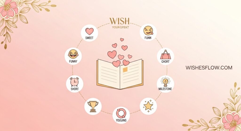 Illustrated greeting card with icons representing different types of birthday wishes for grandmother