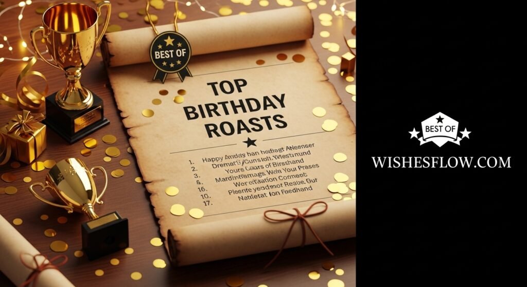 Vintage scroll paper with top birthday roasts header surrounded by gold confetti and trophy representing curated best wishes list