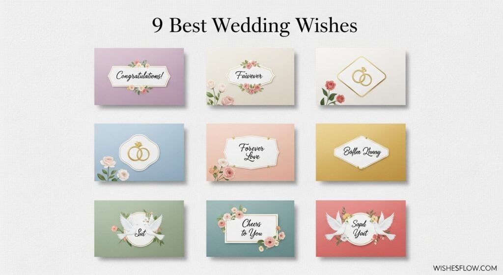 A 3x3 grid of 9 beautifully designed pastel wedding cards showcasing the best wedding wishes for a coworker — WishesFlow.com