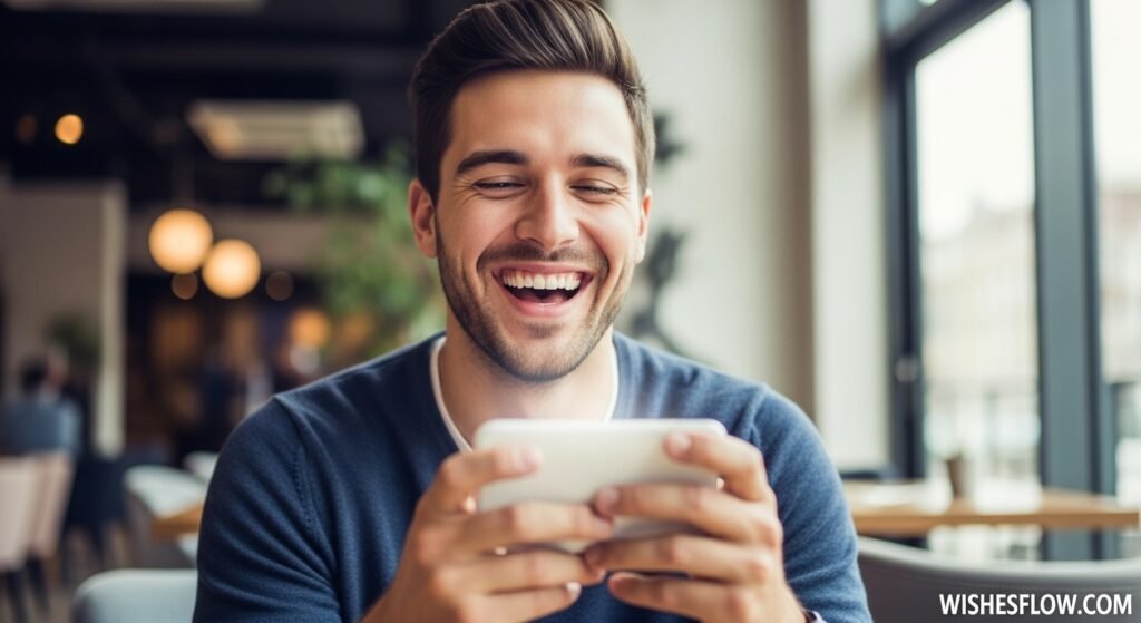 Adult nephew laughing at funny birthday wishes message on phone