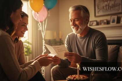 Father reading birthday card from children with emotional smile