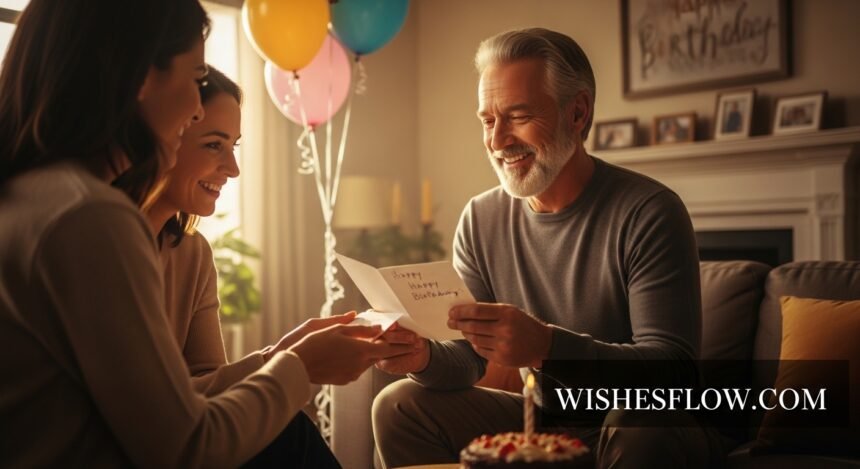 Father reading birthday card from children with emotional smile
