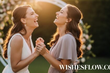 Bride and best friend sharing a happy moment during wedding with WishesFlow branding
