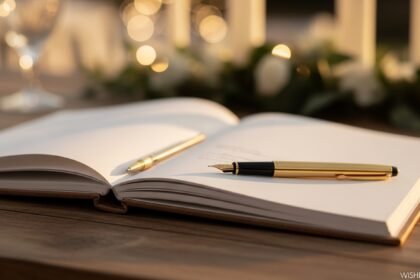 A beautiful wedding guestbook with a pen, representing simple wedding wishes.