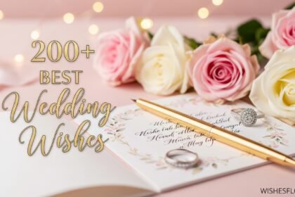 Wedding card with beautiful calligraphy pen, roses and wedding rings - wedding wishes