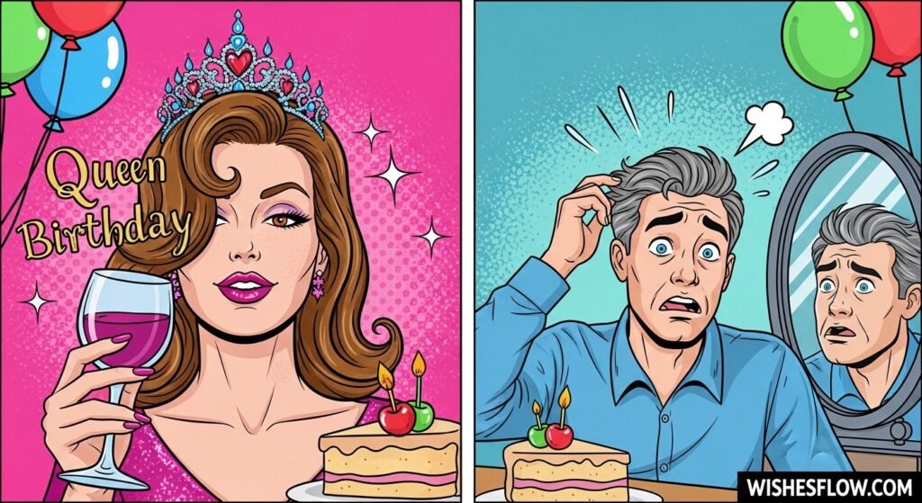 Split image showing funny birthday reactions for women and men - Birthday memes for her and for guys