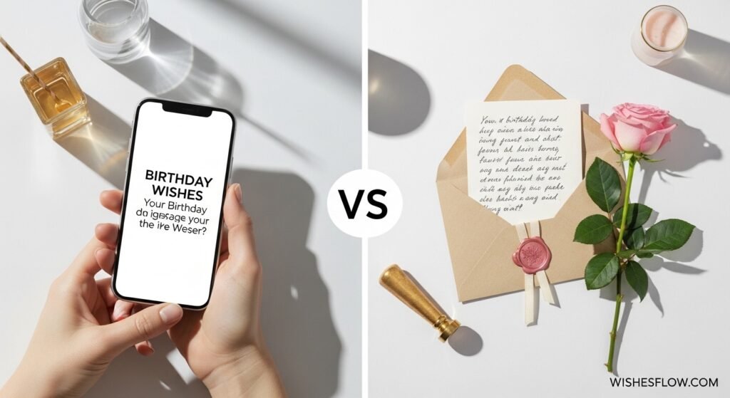 Comparison of digital text message and handwritten birthday card for stepmom