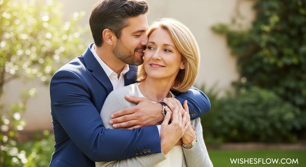 A son hugging his smiling mother outdoors, representing a strong bond.