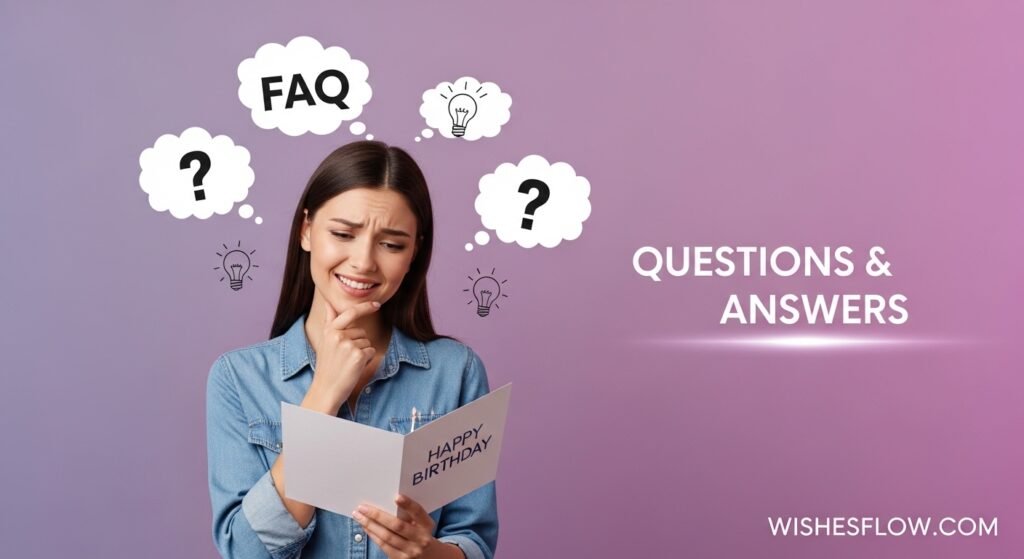 Thoughtful woman with question marks pondering birthday wishes for aunt FAQs